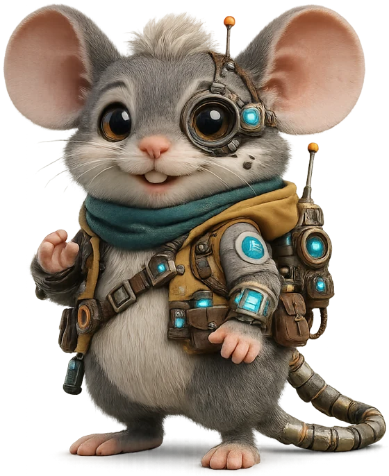 Scout, the grey mouse engineer who builds the agents, standing beside the headline